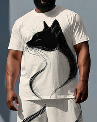 Big & Tall Men's Line Cat Illustration Print Casual Simple Short-Sleeve T-shirt Shorts Set