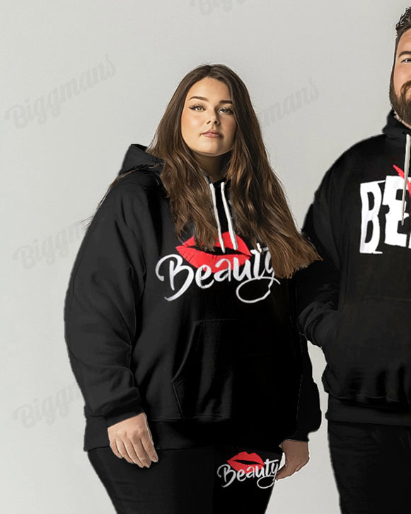 Couples Fashion Casual Plus Size Beauty And Beast Letter Print Hoodie Suit