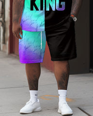 Street Casual Gradient Contrast Stitching King Crown Print Big & Tall Men's Set