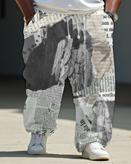 Men's Casual Cotton Patchwork Newspaper Printed Loose Staggered Waist Sports Jogging Pants