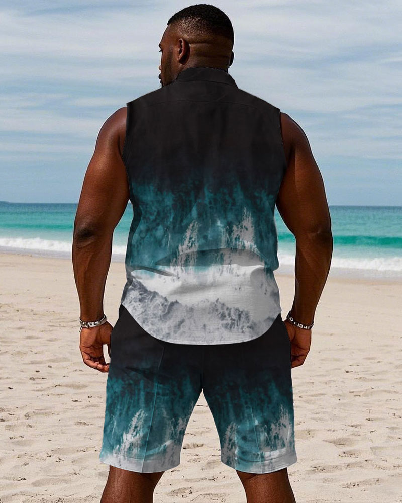 Men's Plus Size Hawaiian Black & White & Blue Sleeveless Vest Shirt Shorts Suit