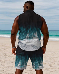 Men's Plus Size Hawaiian Black & White & Blue Sleeveless Vest Shirt Shorts Suit