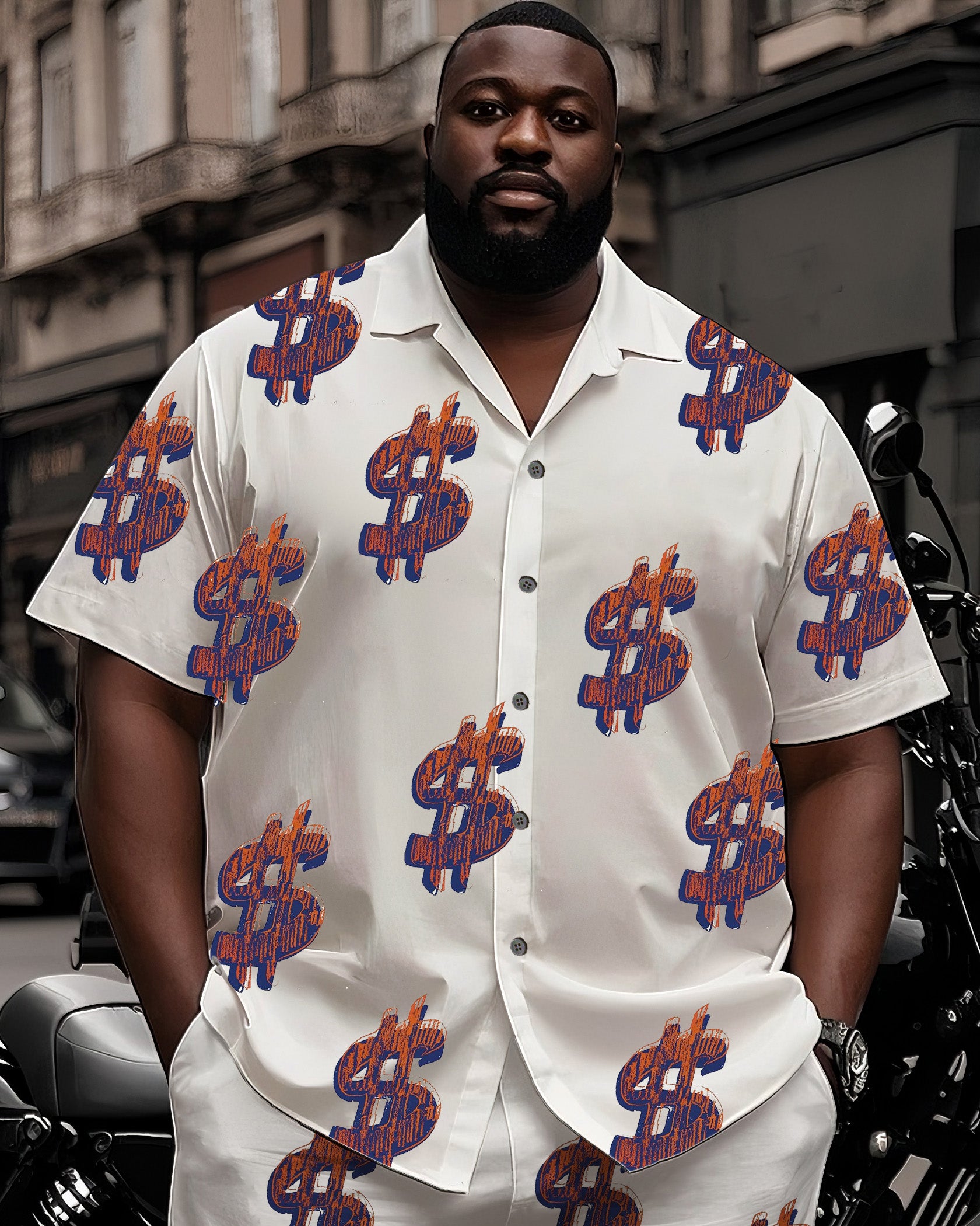 Big Man's Street Motorcycle Style Purple Creative Dollar Print White Short Sleeve Shirt Shorts Suit