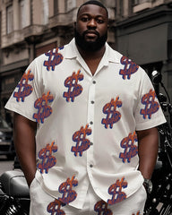 Big Man's Street Motorcycle Style Purple Creative Dollar Print White Short Sleeve Shirt Shorts Suit