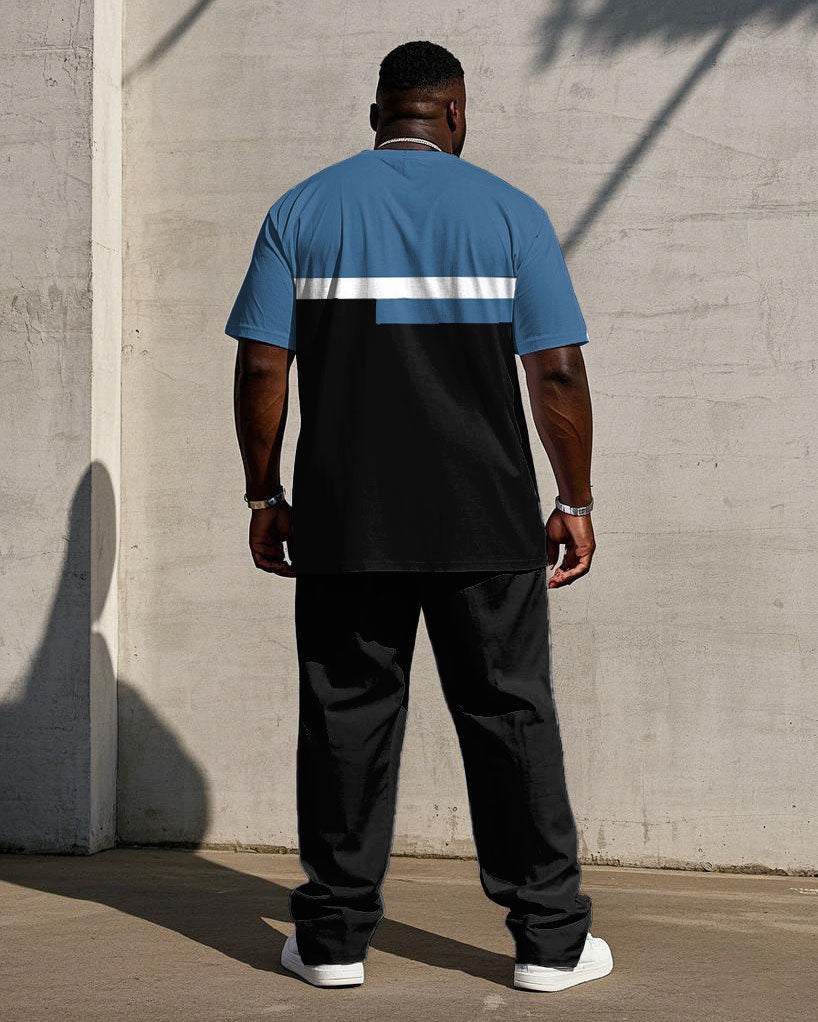 Men's Plus Size Casual Black & Blue "Respect" Slogan Chest Print Short Sleeve T-Shirt Trousers Suit