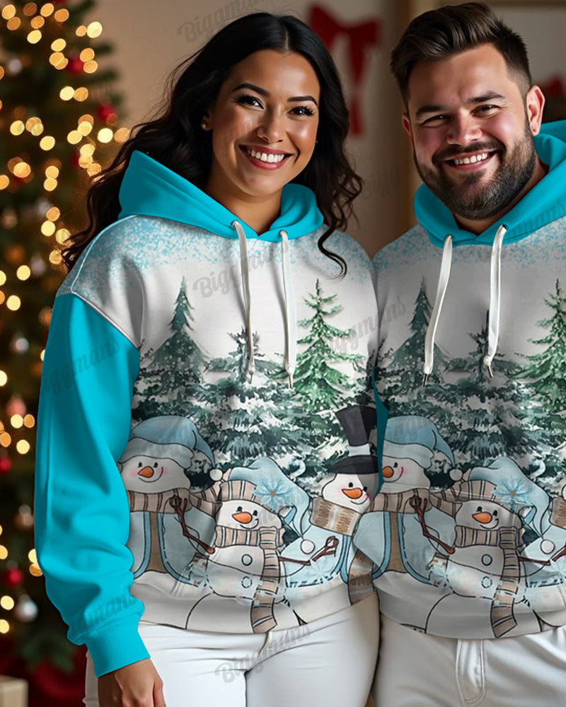Couple's Plus Size Snowman Scene Printed Long Sleeve Hoodie