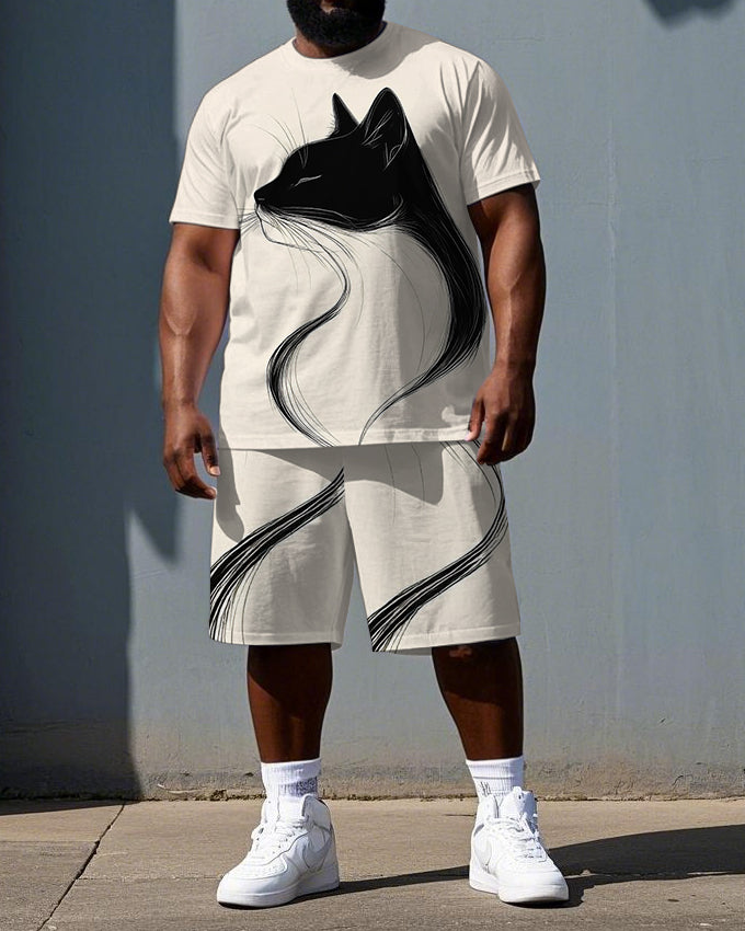 Big & Tall Men's Line Cat Illustration Print Casual Simple Short-Sleeve T-shirt Shorts Set