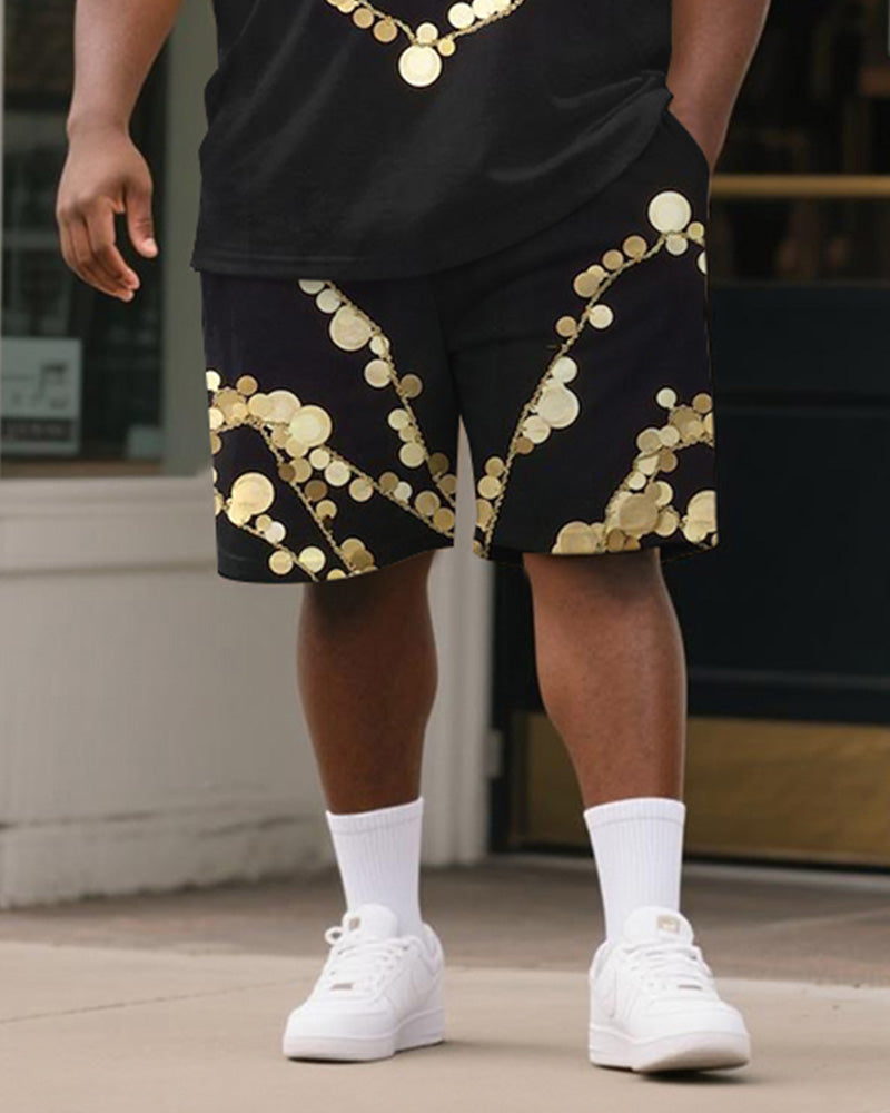 Big & Tall Men's Black Round Geometric Chain Print Round Neck Short Sleeve T-Shirt Shorts Suit