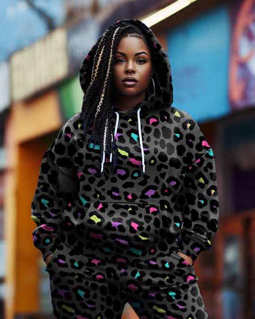 Women's Big and Tall Graffiti Colorful Leopard Print Hoodie Set