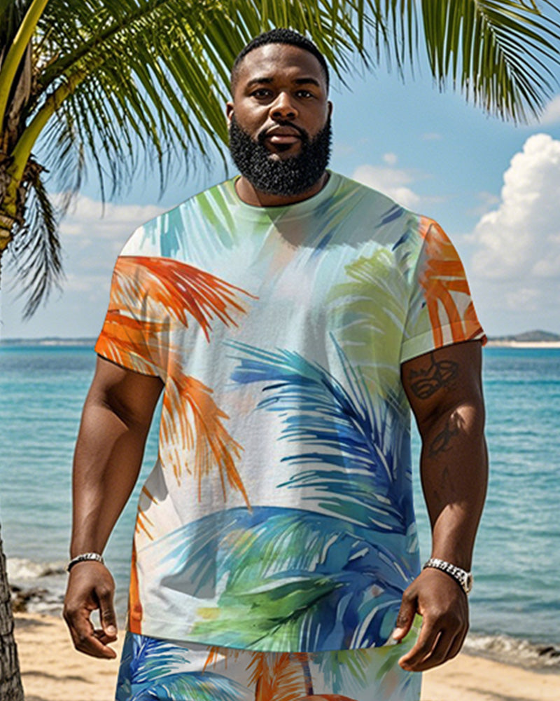 Big & Tall Men's Hawaiian Colorful Coconut Graffiti Print Round Neck Short Sleeve T-Shirt Shorts Suit