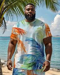 Big & Tall Men's Hawaiian Colorful Coconut Graffiti Print Round Neck Short Sleeve T-Shirt Shorts Suit