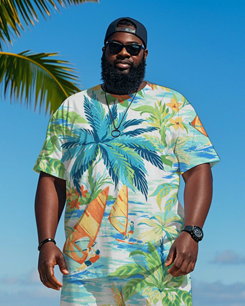 Big & Tall Men's Hawaiian Coconut Sailing Graffiti Print Crewneck Short Sleeve T-Shirt Shorts Suit