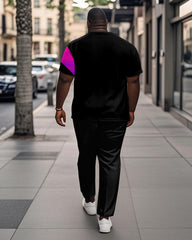 Men's Plus Size Pink Blue Gradient Colorblock Alphabet Print Henry Collar T-Shirt Trousers Suit