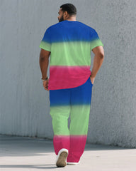 Men's Plus Size Blue & Green & Pink Neon Gradient Short Sleeve T-Shirt Trousers Suit