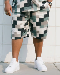 Big Man's Daily Leisure Outdoor Activities Square Puzzle Creative Camouflage Short Sleeve Shirt Shorts Suit