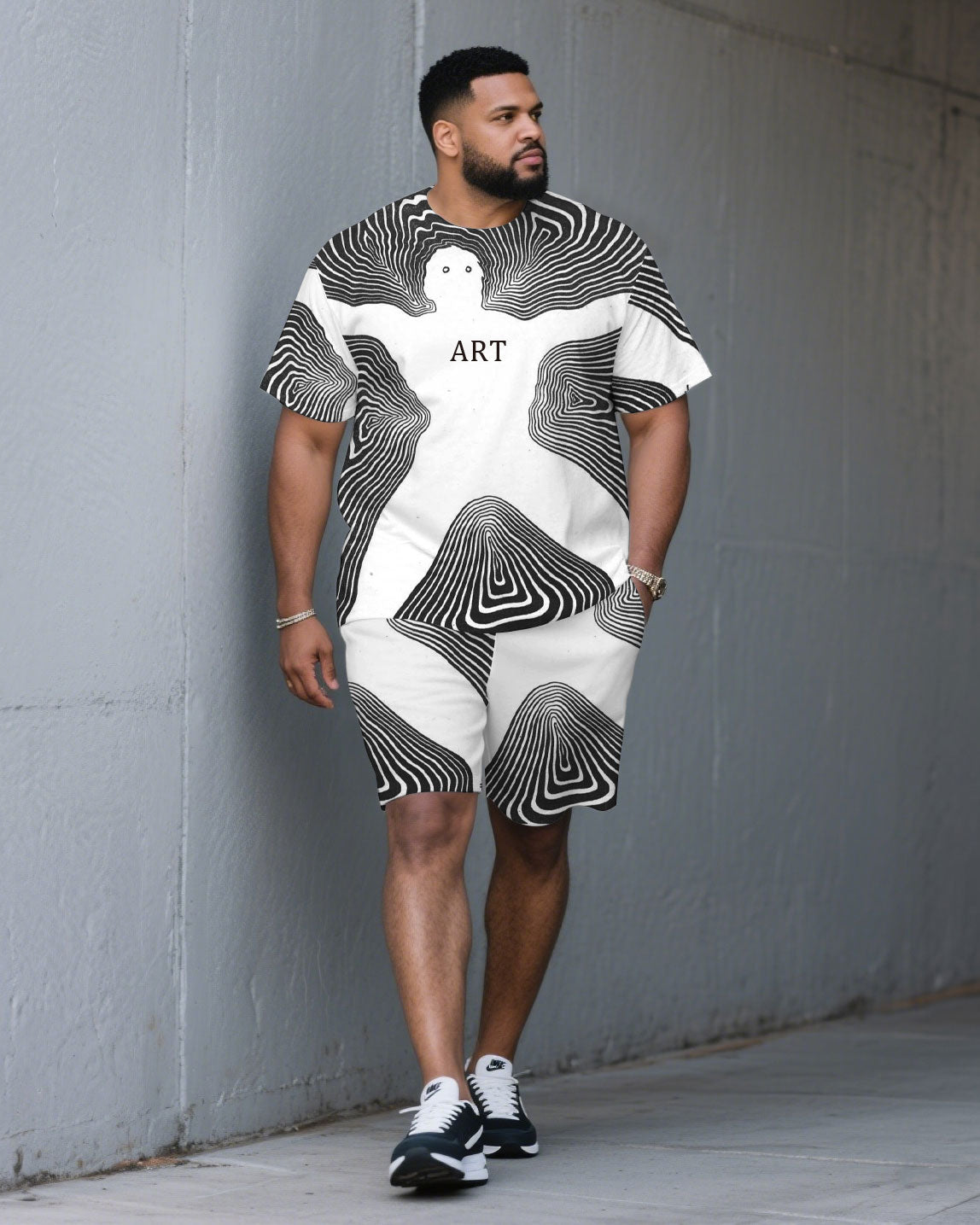 Men's Plus Size Irregular Line Human Shape Outline Fashion Round Neck Short Sleeve T-shirt Shorts Suit