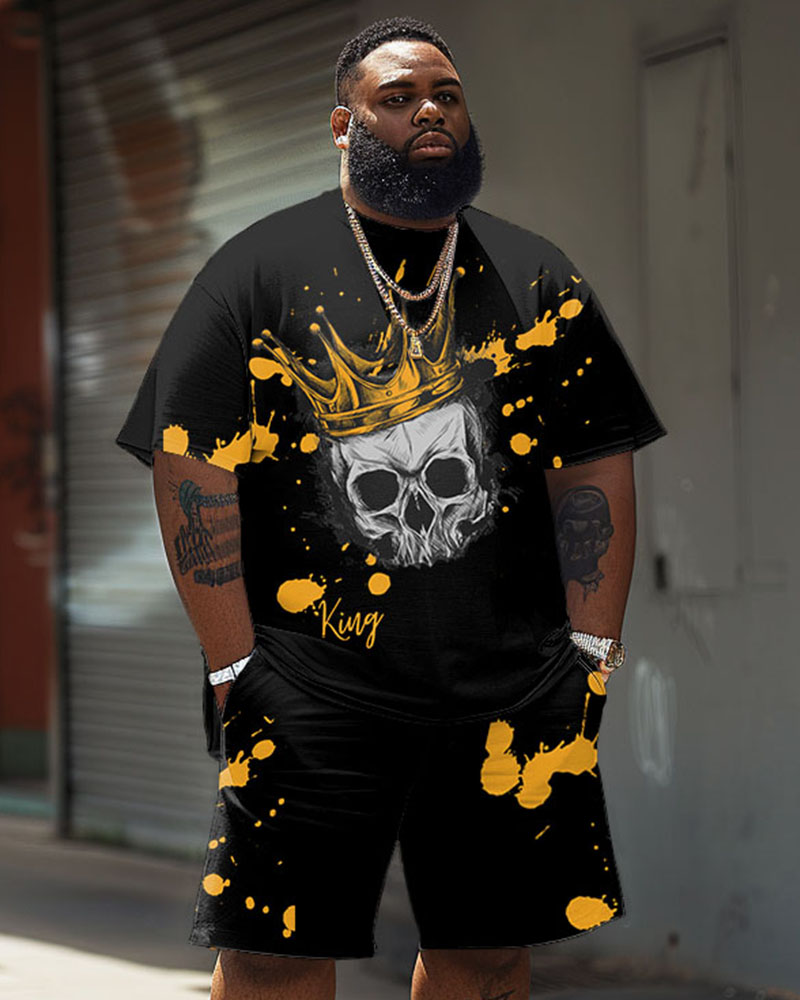 Men's Plus Size Casual Skull Graffiti Splash Ink Print T-Shirt Shorts Set