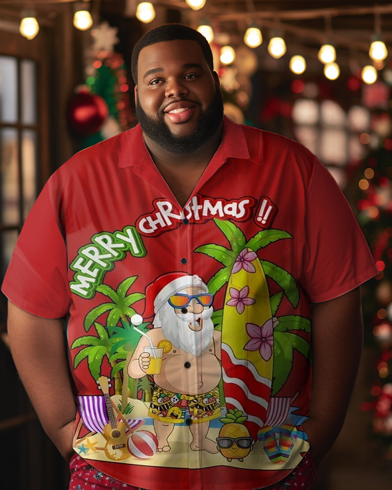 Men's Merry Christmas Santa Beach Skateboard Plus Size Christmas Tree Short Sleeve Shirt