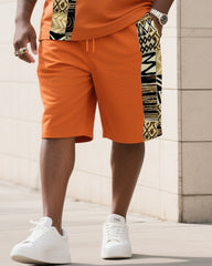 Men's Plus Size Hermes Orange Creative Striped Polo English Print T-Shirt Shorts Suit