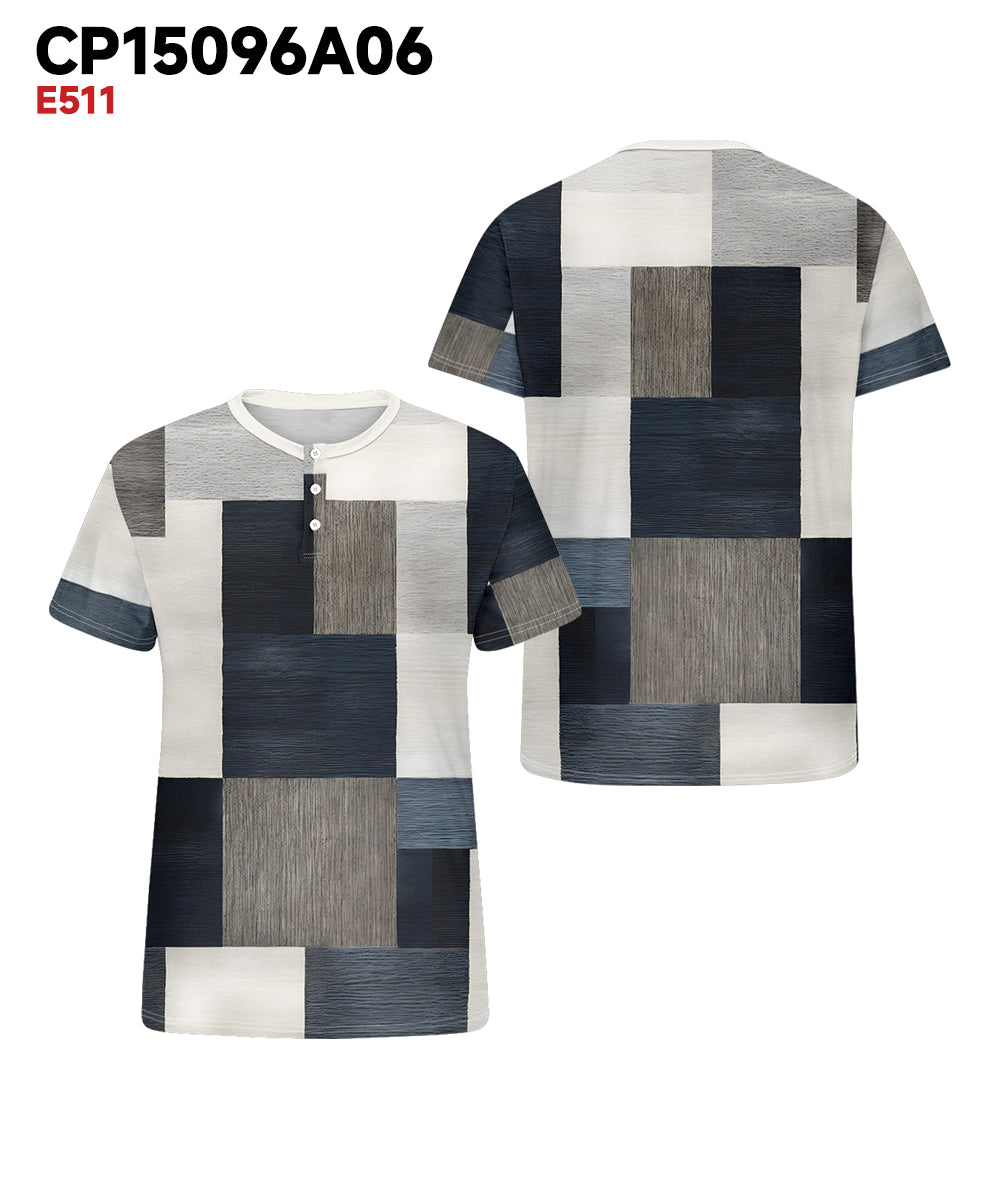 Men's Plus Size Daily Casual Blue And White Grey Geometric Print Henry Collar Button Short Sleeve T-Shirt