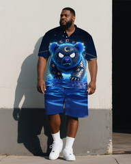 Big Man's Retro Bear in Sea Cartoon Printed 2-Piece Short-Sleeve Polo Shirt & Shorts Set