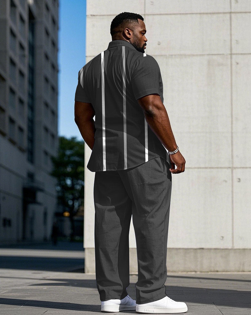 Men's Plus Size Business Casual Gray Striped Short Sleeve Shirt Trousers Suit