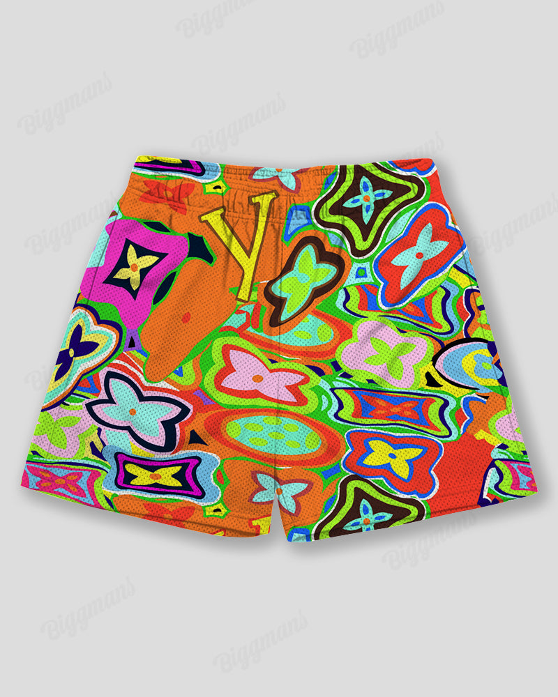 Big & Tall Men's Orange Diamond Star Graffiti Print Sports Mesh Quick-Dry Shorts