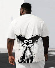 Men's Casual Scribbled Puppy Illustration Back Print Big & Tall Short-Sleeve T-shirt Shorts Set