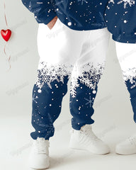 Couple Fashion Casual Big and Tall Romantic Blue Christmas Snowflake Hoodie Set