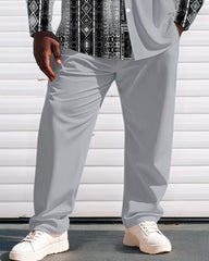 Men's Plus Size Grey Patchwork Ethnic Geometric Print Long Sleeve Shirt Trousers Suit