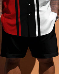 Big Guys Simple Contrast Color Vertical Stripe Short Sleeve Shirt Shorts Set