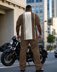 Men's Plus Size Brown & White Colorblock Short Sleeve Shirt Trousers Suit