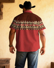 Men's Plus Size Red Western Denim Ethnic Pattern Printed Short Sleeve Shirt