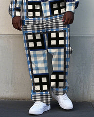Big Men's Splicing Style Multi-plaid Printed Daily Casual Long Sleeve Shirt Pants Set