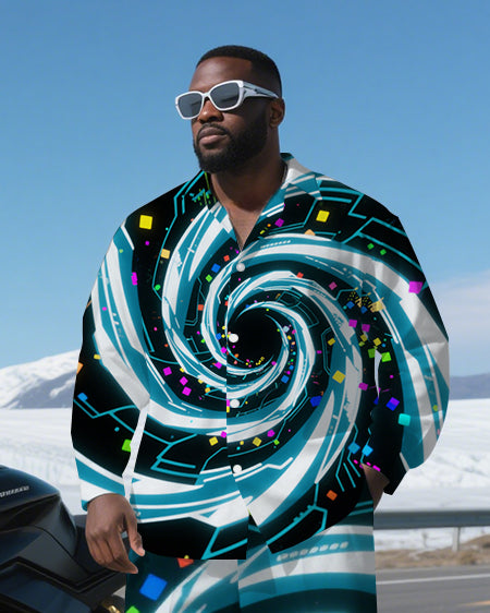 Big Guy's Abstract Vortex Technological Theme Daily Casual Long Sleeve Shirt and Pants Set
