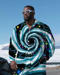 Big Guy's Abstract Vortex Technological Theme Daily Casual Long Sleeve Shirt and Pants Set
