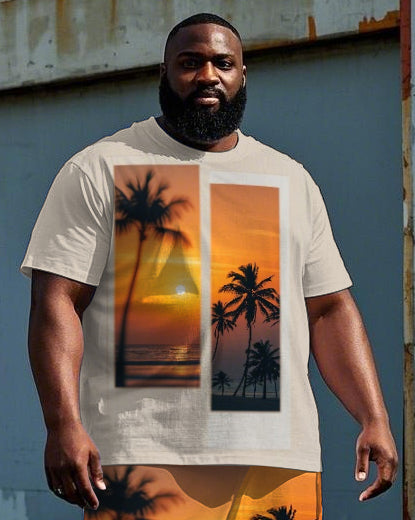 Men's Hawaiian Sunset Scenery Coconut Trees Printed Casual Big Size Short Sleeve T-shirt Shorts Set