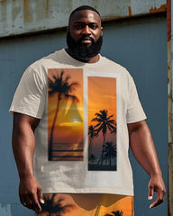 Men's Hawaiian Sunset Scenery Coconut Trees Printed Casual Big Size Short Sleeve T-shirt Shorts Set