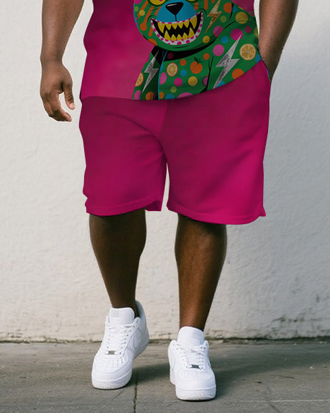Big & Tall Man's Gradient Cunning Cartoon Bear Printed Short-Sleeve Polo Shirt & Shorts Set