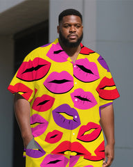 Big Men's Cartoon World Red Lips Printed Casual Short-Sleeve Shirt Pants 2-piece Sets