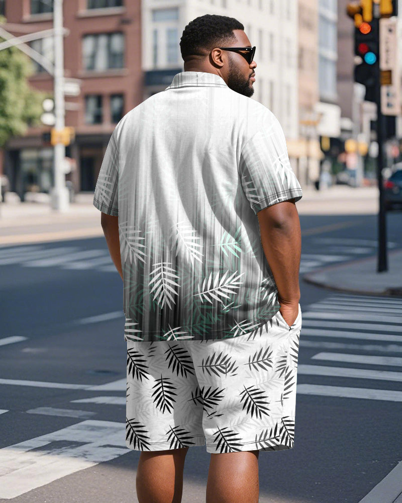 Big & Tall Men's Business Hawaiian Gradient Leaf Print Short Sleeve Polo Shirt Shorts Suit