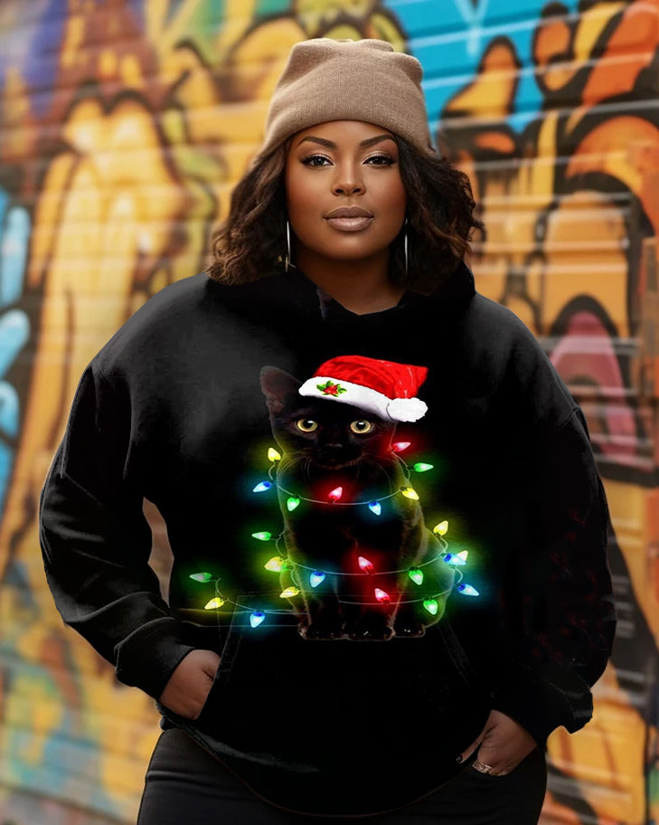 Women's Big & Tall Cat Christmas Lights Long Sleeve Hoodie