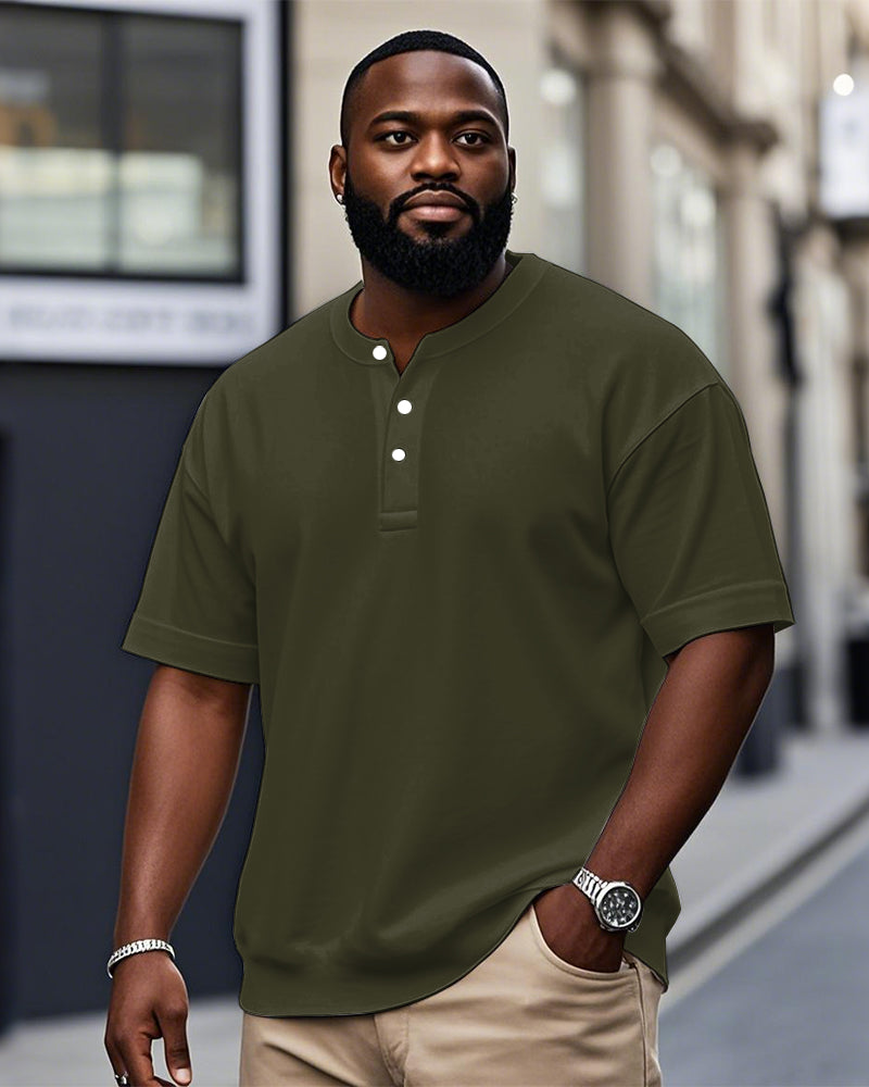 Men's Plus Size Casual Daily Solid Color Henry Collar Button Short Sleeve T-Shirt