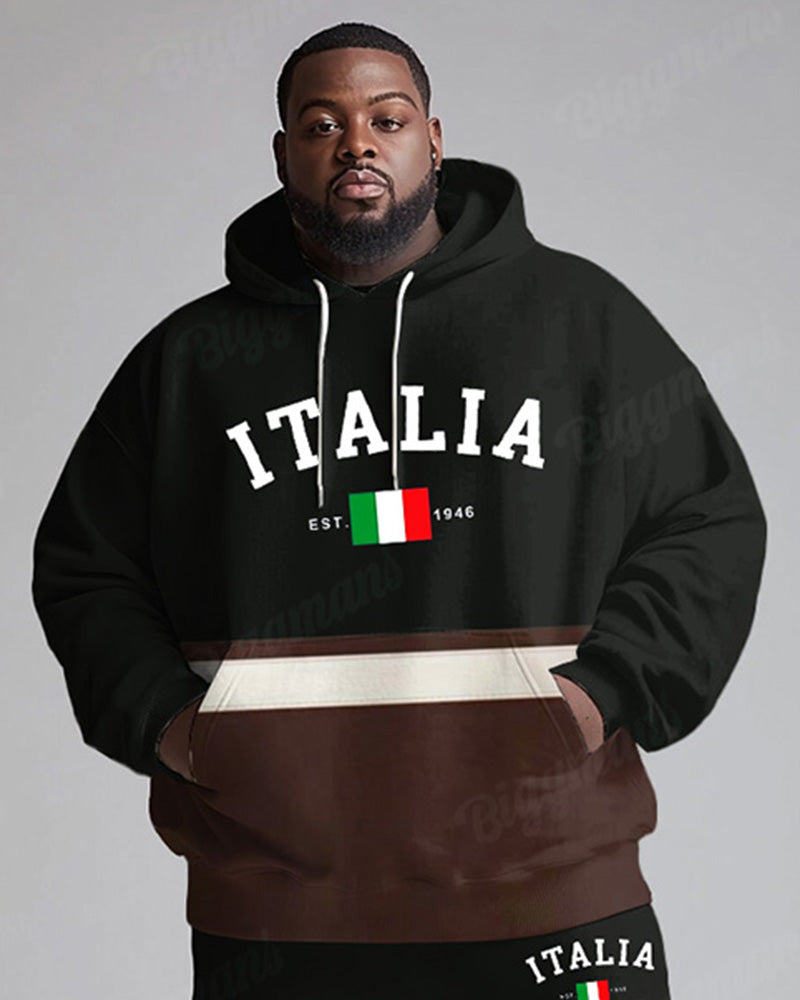 Men's Daily Casual All-Match Black Coffee Color Matching Letter Printing Big & Tall Hoodie Set