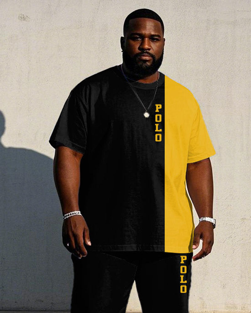 Men's Big & Tall Black & Yellow Colorblock Signature Printed Short-sleeved T-shirt Trousers Set