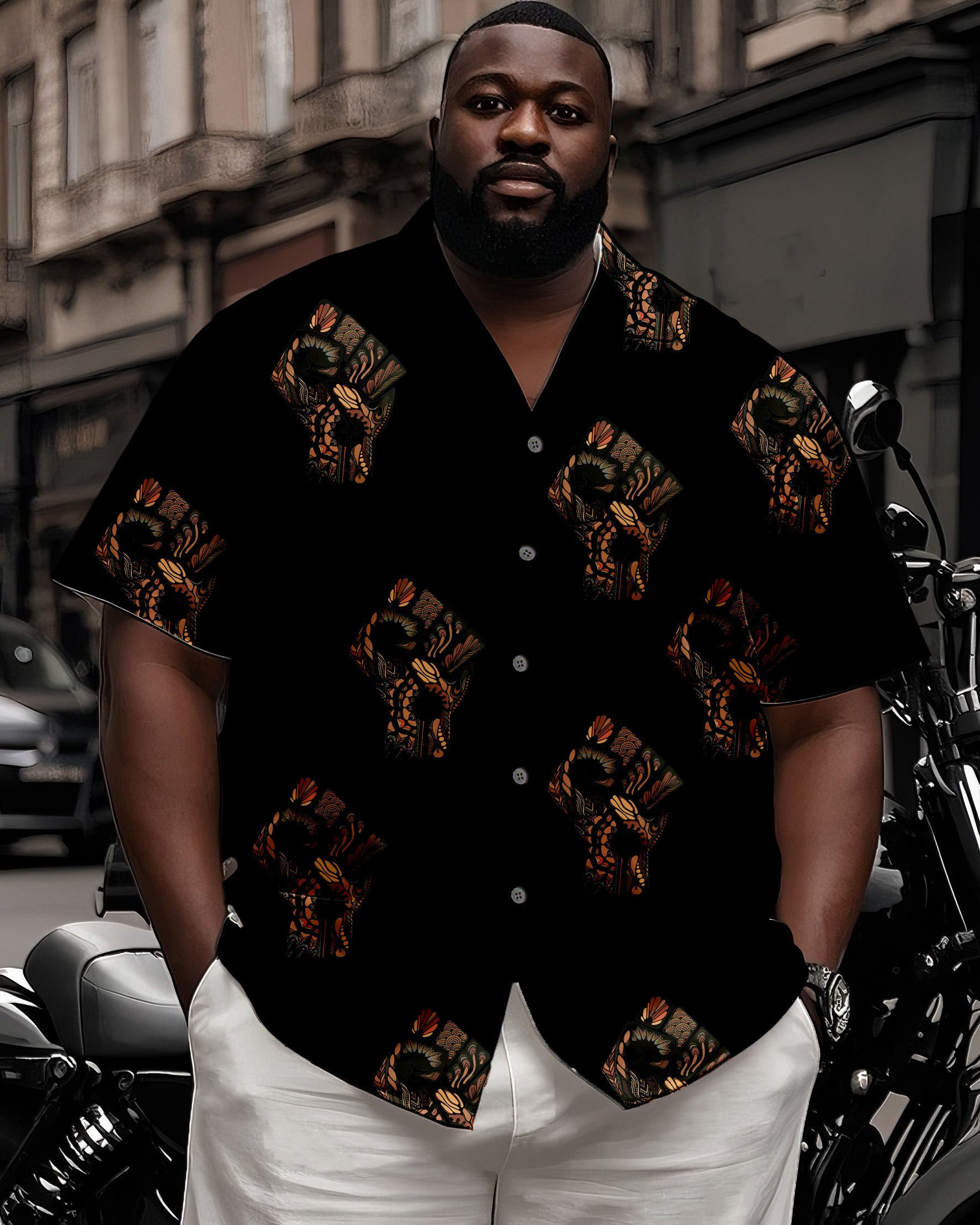Big Man's Street Biker Juneteenth Fist Print Black Short Sleeve Shirt White Shorts Suit
