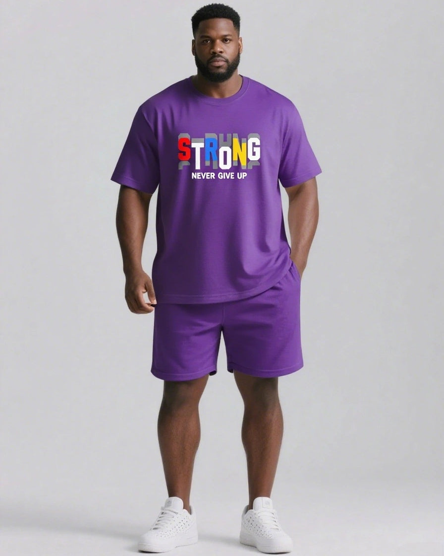Strong Hearts Never Give Up Men's Big and Tall Colorful Lettering Short Sleeve T-shirt 2-Piece Set
