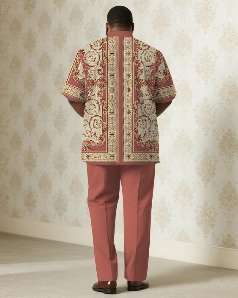 Big & Tall Men's Business Pink Luxury Pattern Printed Short Sleeve Shirt Pants Suit