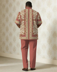 Big & Tall Men's Business Pink Luxury Pattern Printed Short Sleeve Shirt Pants Suit