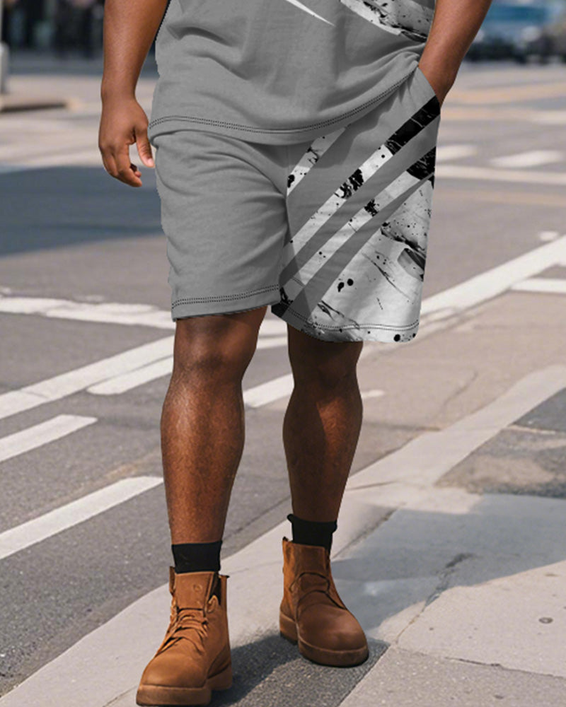Big & Tall Men's Business Grey Geometric Ink Print Short Sleeve Polo Shirt Shorts Suit